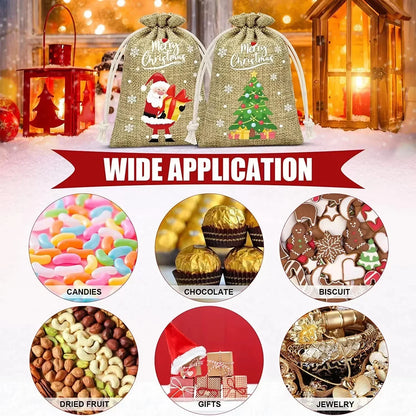 Christmas Linen Drawstring Bags – Cartoon Santa & Snowman Candy Gift Pouches for Xmas Party Packaging