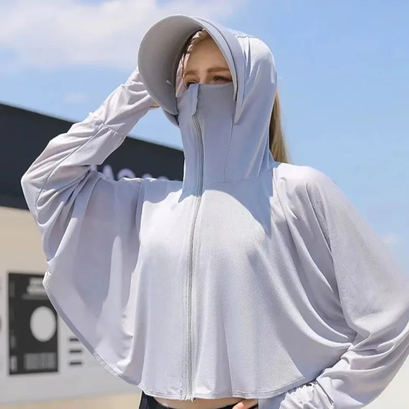 Women’s UPF 50+ Sunscreen Hoodie – Lightweight Ice Silk Long Sleeve UV Protection Jacket for Summer
