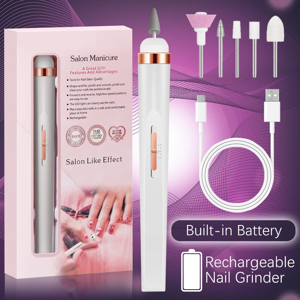 YIKOOLIN 5-in-1 Electric Nail Drill - USB Rechargeable Portable Manicure & Pedicure Kit