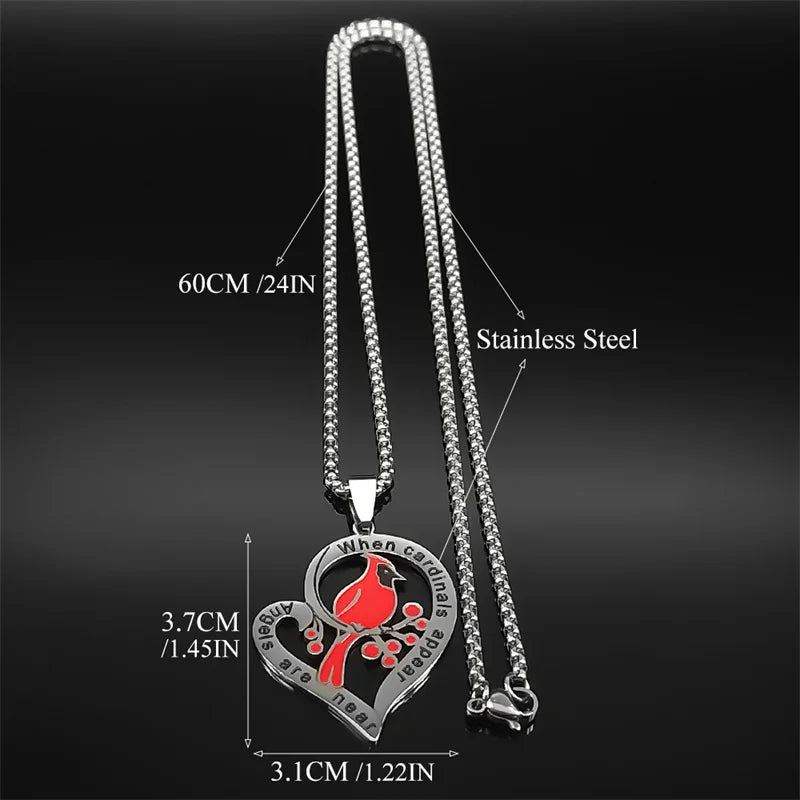 Heart Love Cardinals Pendant Necklace - Stainless Steel Silver Tone Family Amulet Chain Jewelry Gift for Women & Men