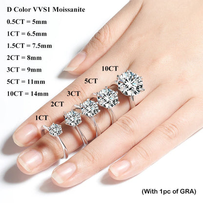 EWYA GRA Certified D Color Moissanite Solitaire Engagement Ring 0.5–10CT — 925 Sterling Silver Bridal Wedding Band for Women