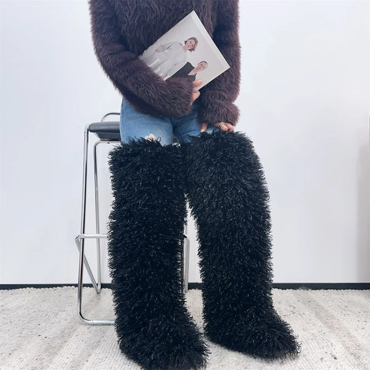 Women’s Faux Mongolian Fur Thigh High Boots - Winter Warm Plush Lined Fashion Boots for Cold Weather