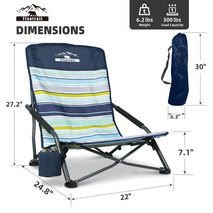 Tisetrail 2-Pack Portable Beach Chairs – Low Back Sling Chairs with Cup Holder, Folding Mesh Sand Chairs for Adults, Lightweight
