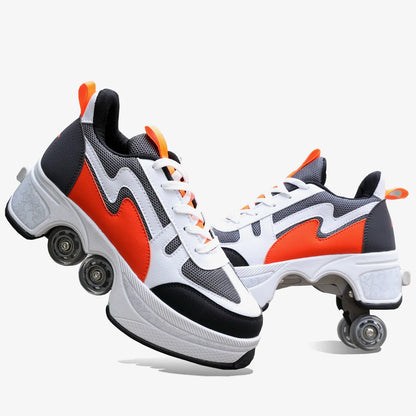 Dual Purpose Roller Skates Shoes - Adjustable Double Row 4-Wheel Deformation Roller Sneakers for Kids & Teens Size 33-44