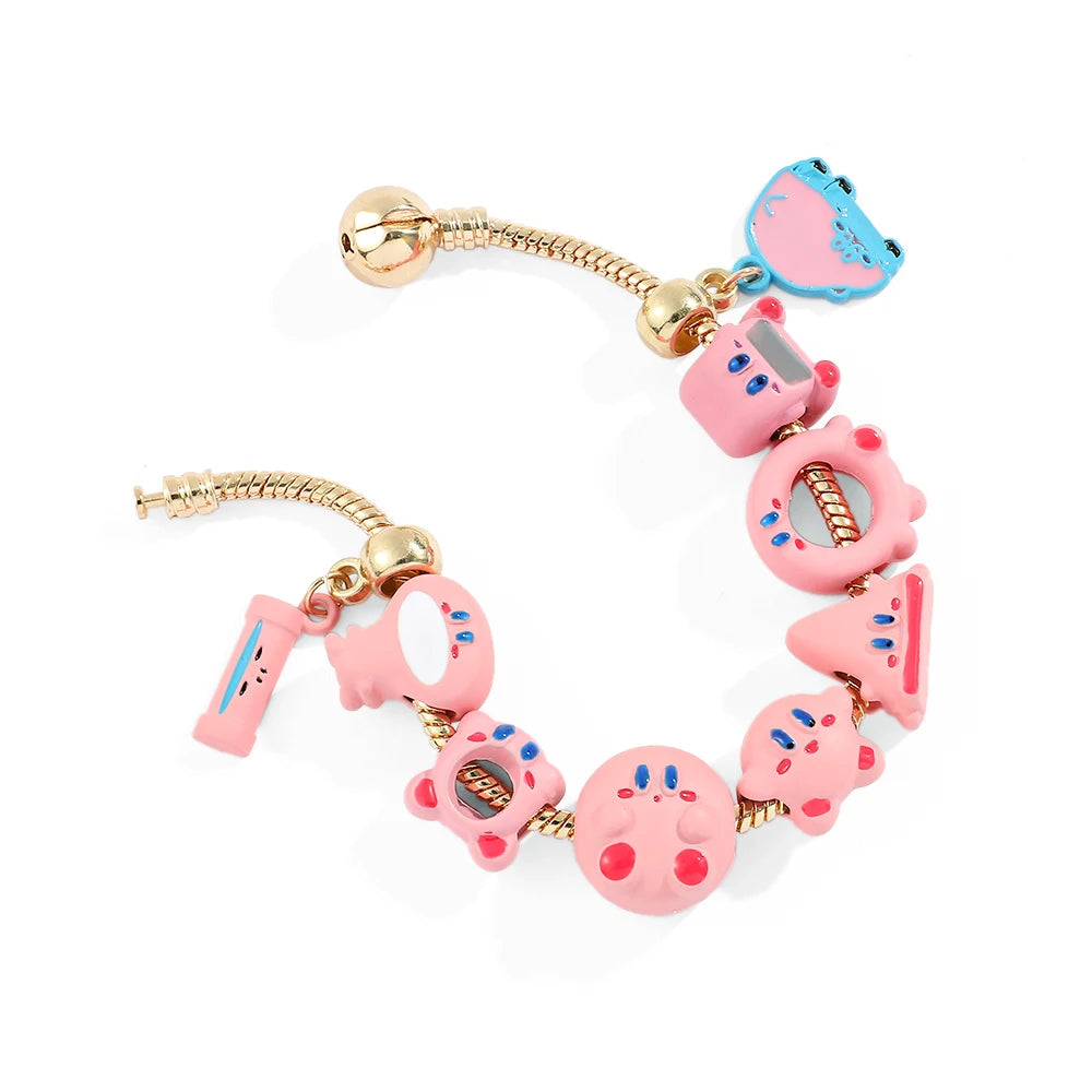Pink Kirby Gold-Plated Charm Bangle Bracelet - Kawaii Anime Enamel Jewelry Accessory for Fans