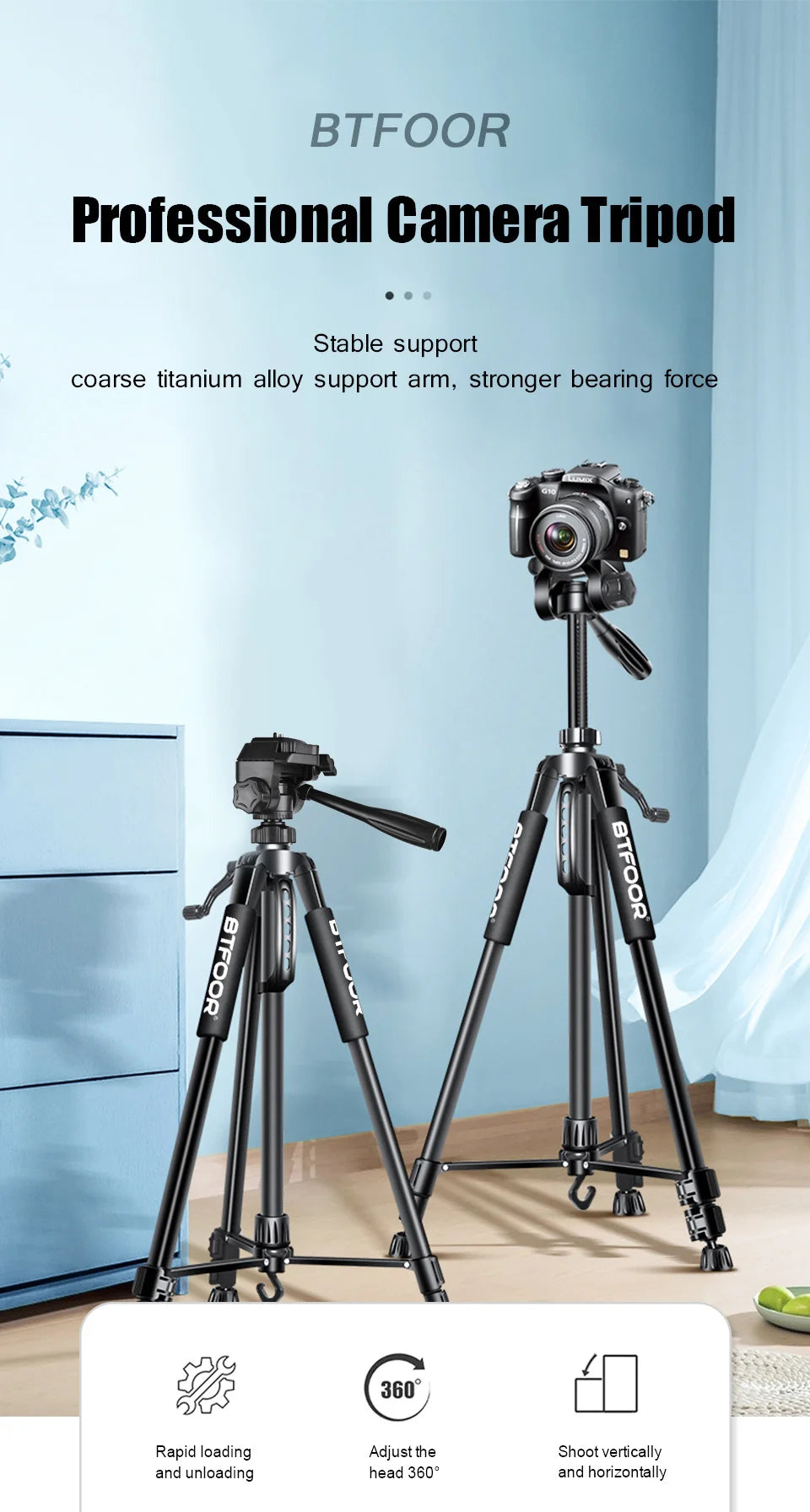 55" Aluminum Phone & Camera Tripod – 140CM Tall Travel Stand with Quick Release Plate & Pan Head for Canon Nikon DSLR SLR