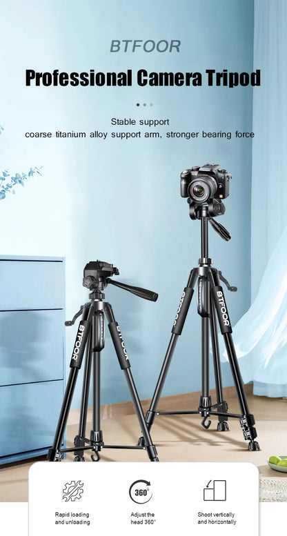 55" Aluminum Phone & Camera Tripod – 140CM Tall Travel Stand with Quick Release Plate & Pan Head for Canon Nikon DSLR SLR