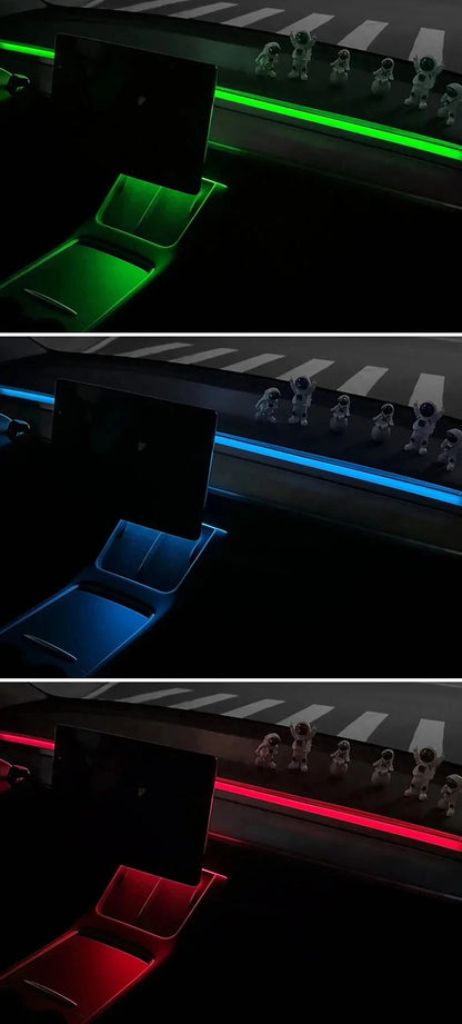 2-in-1 Dynamic Neon RGB Car LED Ambient Lighting – Auto OFF 60s Module for Tesla Model 3 & Y Dashboard Decoration
