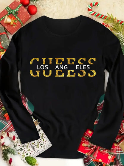 Women's Letter Print Warm Base Layer - Autumn & Winter Cross Printed T-shirt, Casual Round Neck Long Sleeve Top