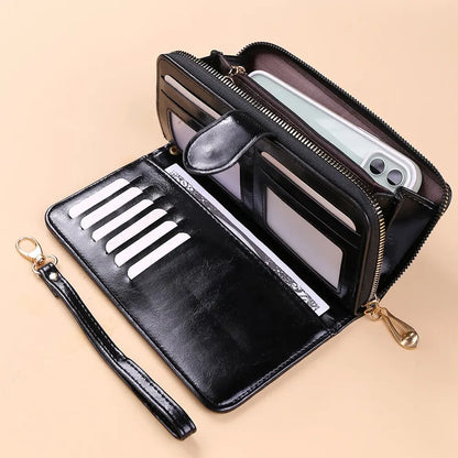 Women’s Vintage PU Leather Clutch Wallet — Large Capacity Phone Purse with Wristband, Simple Card Holder Pouch Bag