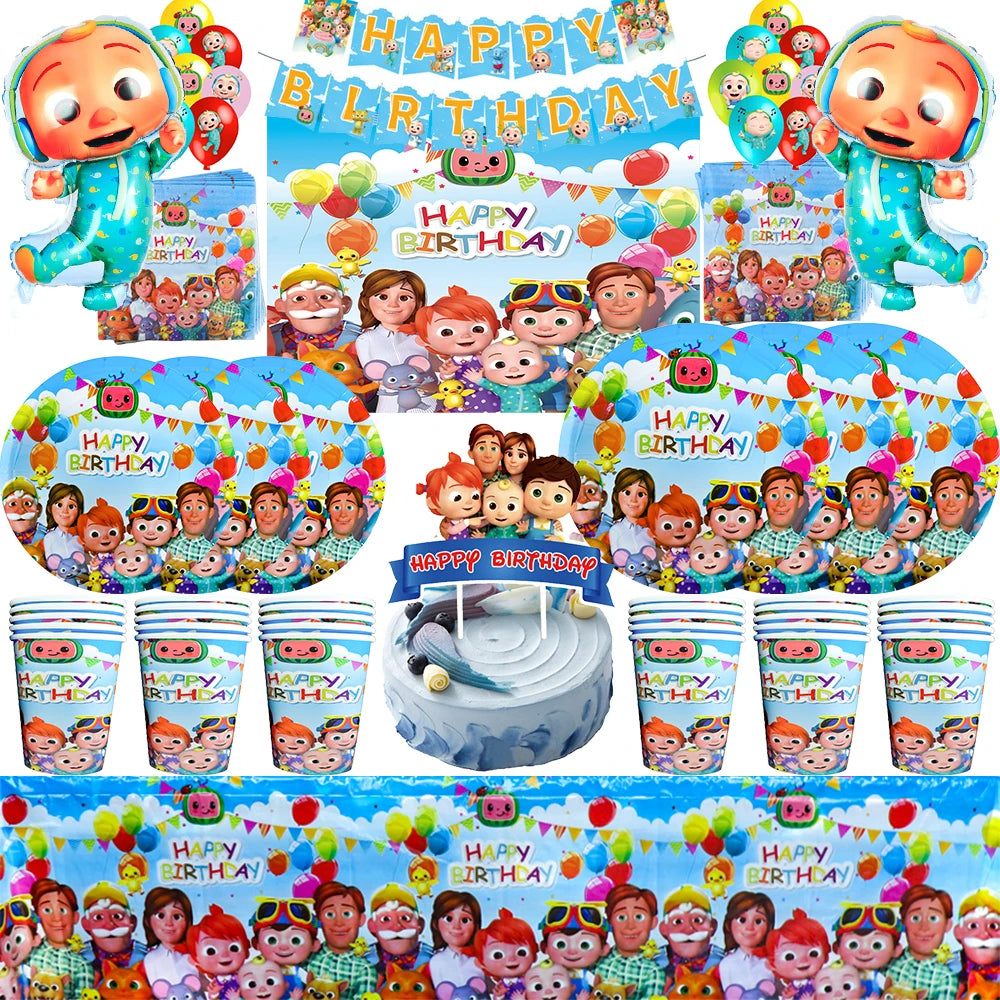 Cartoon JJ Melon Birthday Party Decorations Set – Disposable Tableware, Cups, Plates, Tablecloth, Balloons & Cake Topper for Kids & Baby Shower