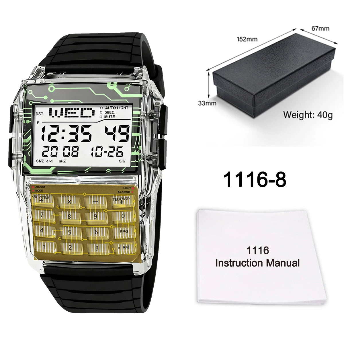 Transparent Plastic Calculator Watch - Men’s Multifunction Luminous LED Digital Computer-Style Wristwatch