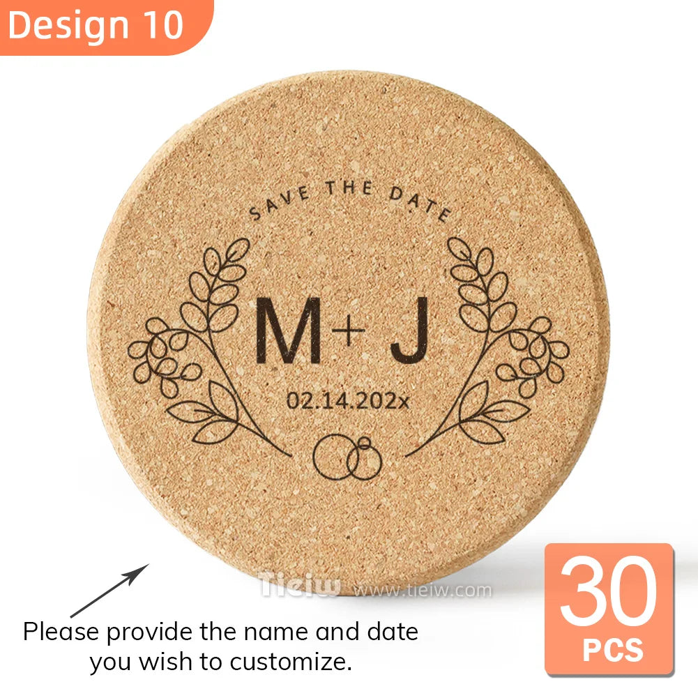 30-Piece Personalized Cork Coaster Set - Custom Tie Design Wedding Favors, Bridal Shower Gifts and Corporate Party Keepsakes