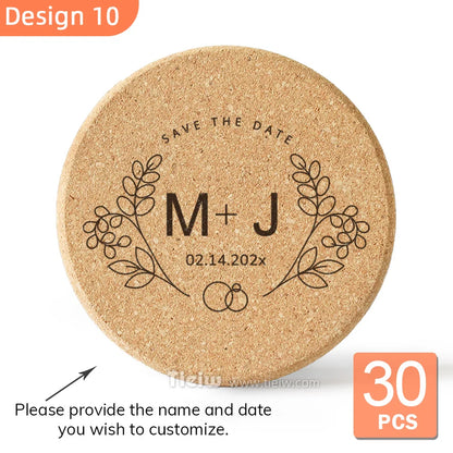 30-Piece Personalized Cork Coaster Set - Custom Tie Design Wedding Favors, Bridal Shower Gifts and Corporate Party Keepsakes