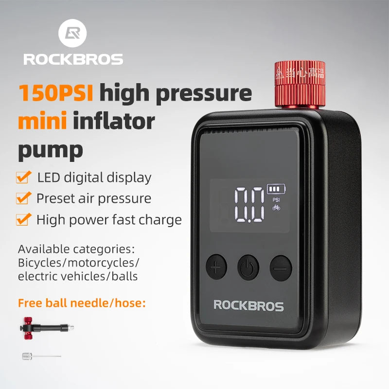 ROCKBROS 150 PSI Portable Bike Air Pump – Digital Tire Inflator, Rechargeable Mini Compressor