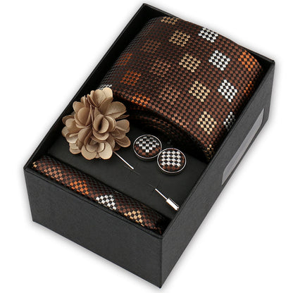 Men’s 4-Piece Tie Set Gift Box - Elegant Necktie with Handkerchief, Cufflinks & Brooch for Business, Wedding & Suit Accessories