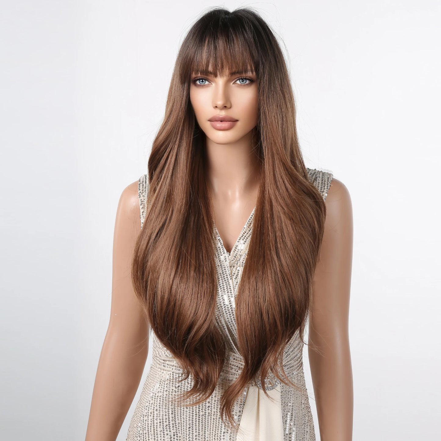 Ombre Honey Brown Long Synthetic Wig with Bangs — Wavy, Realistic, Soft, Heat-Resistant Hair for Daily & Party