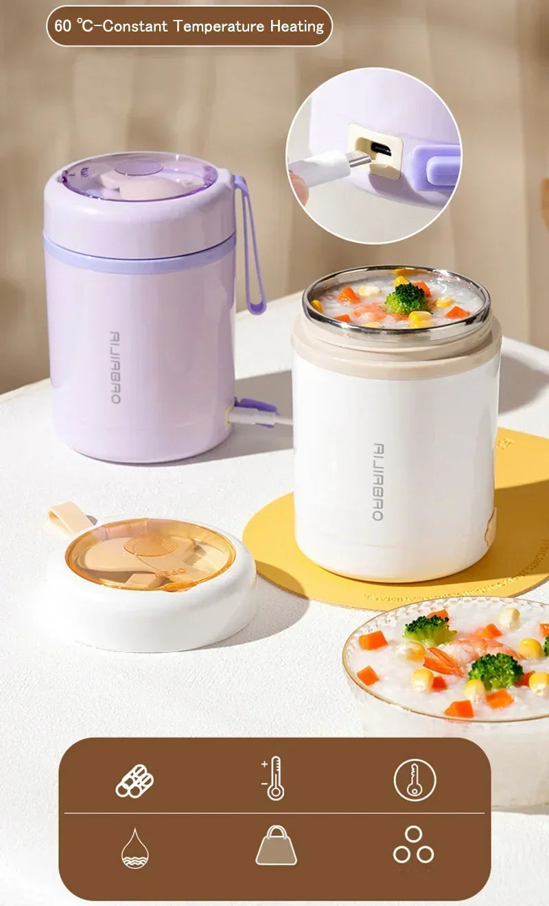 600ML USB Electric Heating Lunch Box — Portable Stainless Steel Food Warmer for Picnic, Milk, and Drinks (5V/12V/24V)