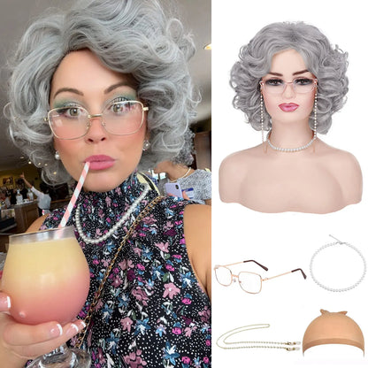 Synthetic Old Lady Wig Costume Set – Short Curly Silver White Grandma Wig & Glasses for Women, Granny Cosplay, Halloween Party