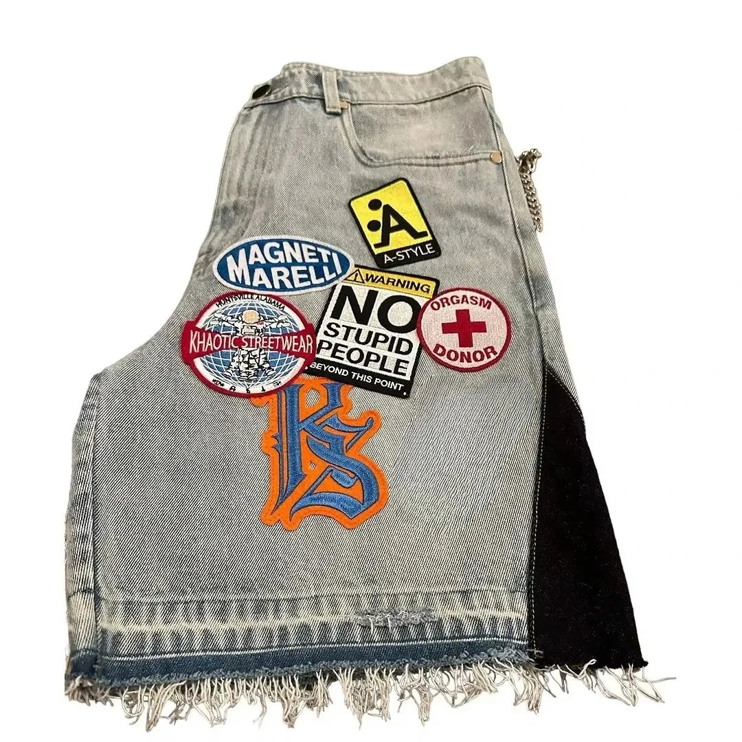 Unisex Y2K Rock Hip Hop Patchwork Denim Shorts – Retro Cartoon Pattern Baggy Casual Basketball Fitness Shorts