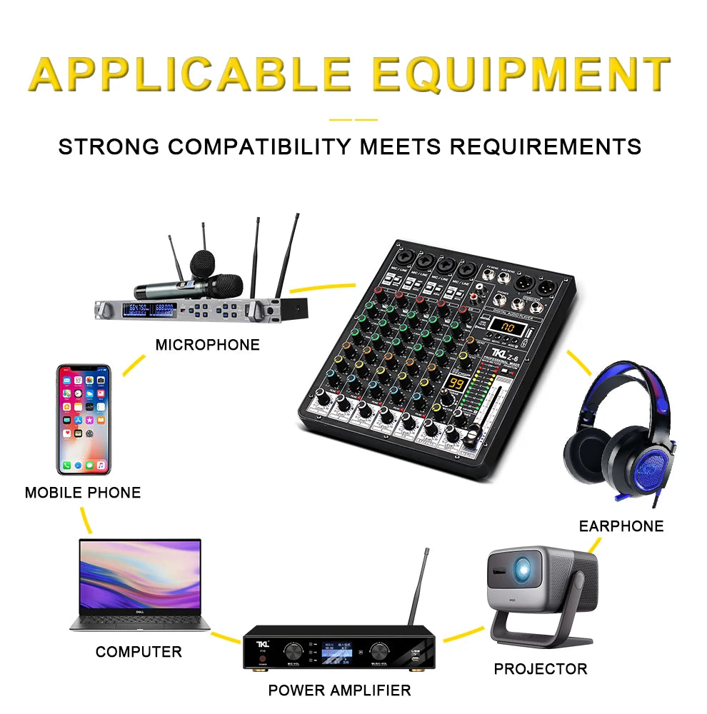 TKLBLS Professional 6 Channel Audio Mixer – 99 DSP Effects, 48V Phantom Power, USB, Bluetooth DJ Console for Studio & Karaoke