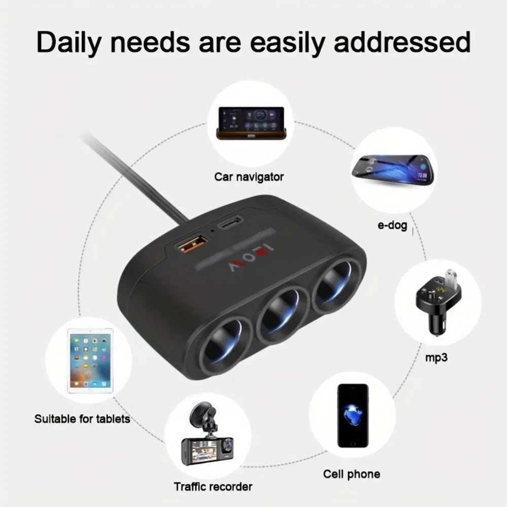 120W 3-in-1 Fast Charge Car Charger - Cigarette Lighter Power Adapter for Mobile Phones, DVR & GPS Devices