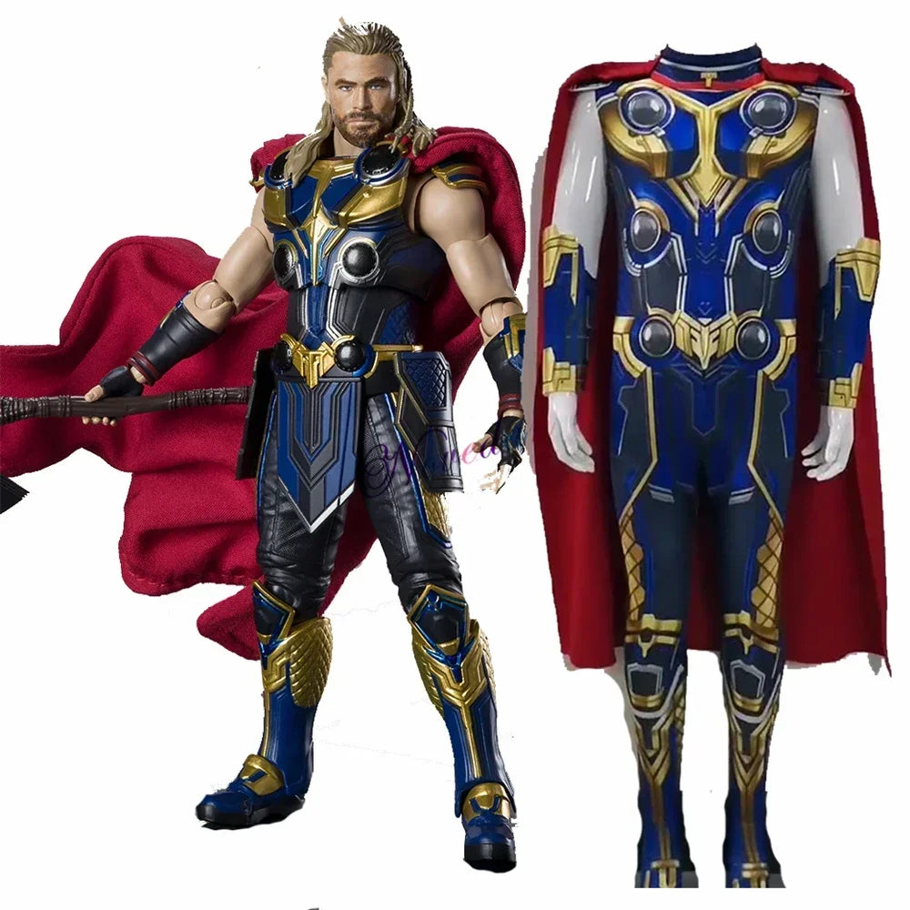 Thor: Love and Thunder Costume – Adult & Kids Fantasia Halloween Anime Superhero Jumpsuit with Cape for Birthday & Party