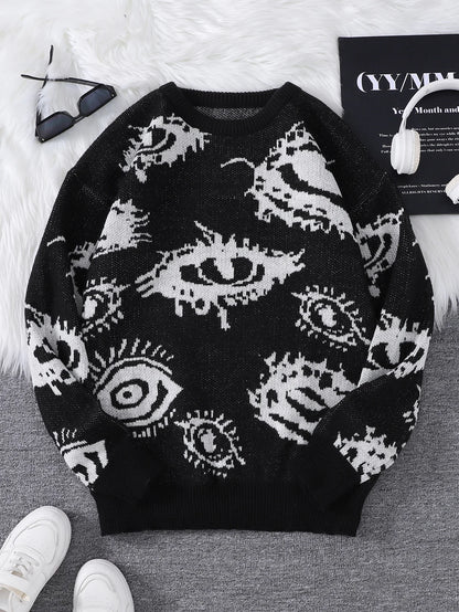 Men's Abstract Eye Jacquard Sweater - Round Neck Knitted Autumn Winter Casual Pullover Top