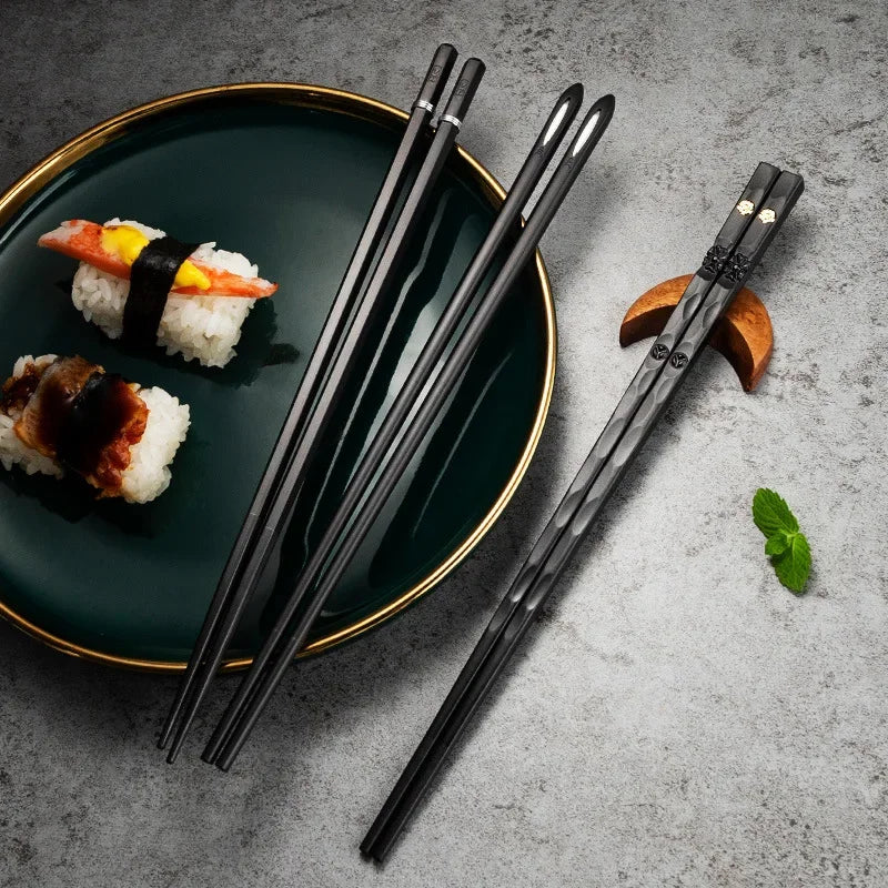 5 Pairs Japanese Reusable Chopsticks – Black Sushi Sticks for Food, Noodles, Alloy Chinese & Korean Kitchen Tableware