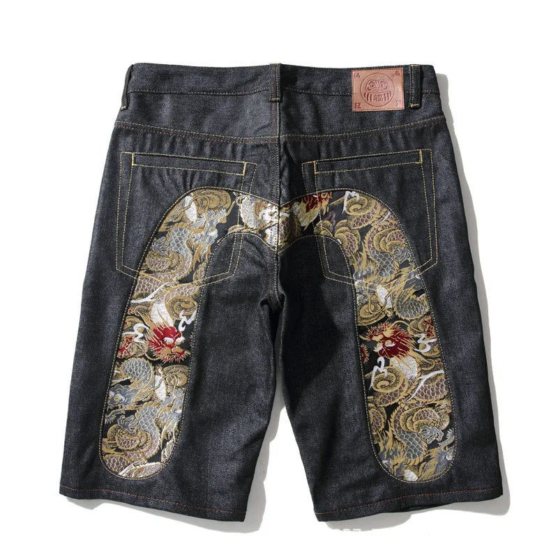 Men's Embroidered Denim Shorts - Black Hip-Hop Washed Cotton Shorts with Dragon & Cherry Blossom Design