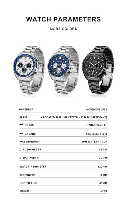 CADISEN 2024 Men’s Quartz Business Watch — VD53 Luxury Chronograph Timepiece for Men