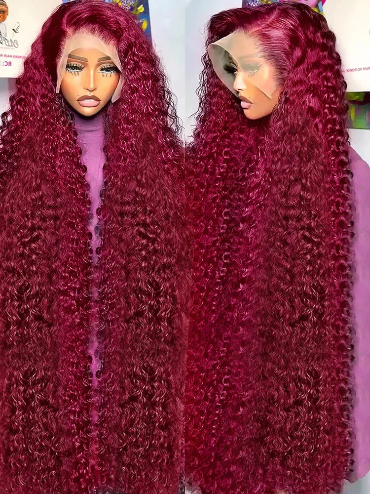 99J Burgundy Deep Wave Lace Front Wig – High Density Curly Red 13x6 HD Transparent Frontal Human Hair