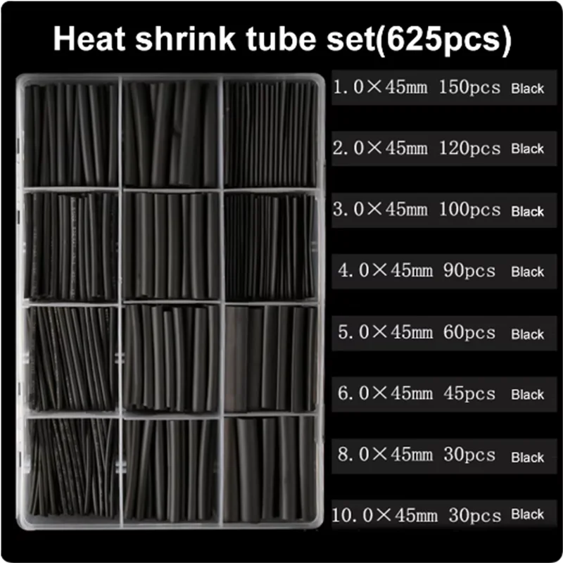 625PCS Thermoresistant Black Heat Shrink Tubing Set - 2:1 Polyolefin Sleeving for Wire & Cable Protection