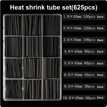 625PCS Thermoresistant Black Heat Shrink Tubing Set - 2:1 Polyolefin Sleeving for Wire & Cable Protection