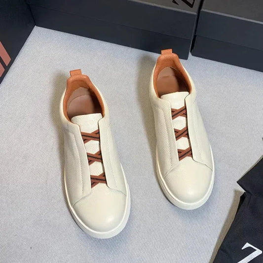 Men's Summer Casual Shoes — Top Layer Cow Leather, Breathable Luxury Deer Skin Slip-On Sneakers