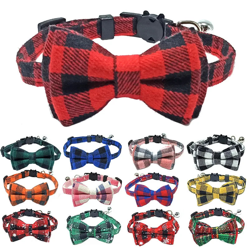 Pet Breakaway Cat Collar with Bow Tie & Bell – Cute Plaid Christmas Red Adjustable Collar for Cats