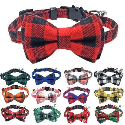 Pet Breakaway Cat Collar with Bow Tie & Bell – Cute Plaid Christmas Red Adjustable Collar for Cats
