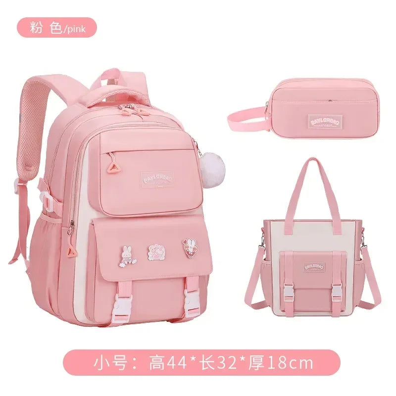 Pink Large Capacity Backpack – Spine Protection for Middle & High School Girls, Children’s School Bag with Hanging Accessories