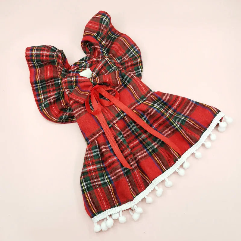 Christmas Dog Dress with Straps - Festive Autumn/Winter Skirt for Small Dogs, Cat Pet Clothing in Checker Pattern for Holiday Cosplay