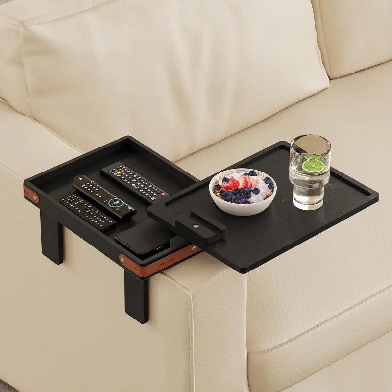 Black Sofa Armrest Tray with Storage Box – Couch Arm Table with 360° Rotating Top & Phone Stand