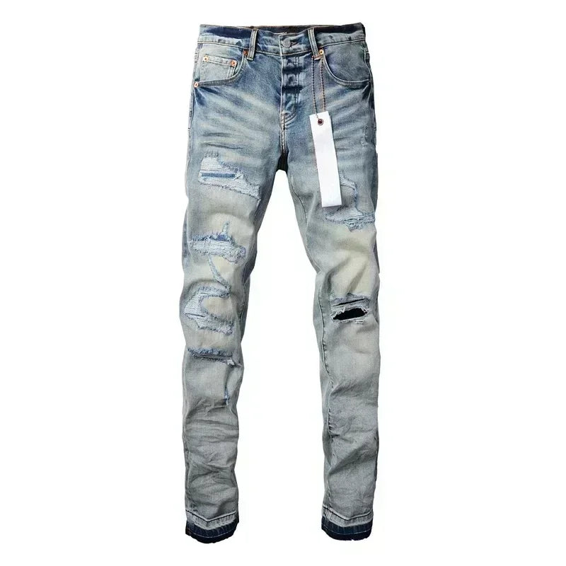 2025 Men’s High Street Ripped Skinny Jeans — Low Rise Blue Distressed Denim Fashion Repair Trousers 9003