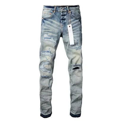 2025 Men’s High Street Ripped Skinny Jeans — Low Rise Blue Distressed Denim Fashion Repair Trousers 9003