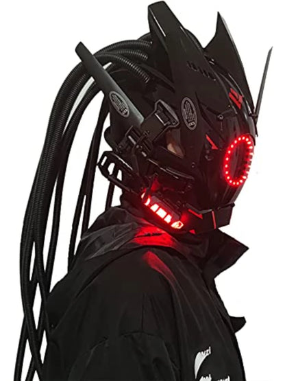 JAUPTO Cyberpunk Mask with Round LED Lights – Woven Role-Playing Mask for Halloween, Parties & Music Festivals