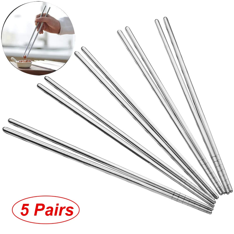 2–5 Pairs 304 Stainless Steel Chopsticks – Non-Slip Metal Sushi Sticks for Korean, Japanese & Chinese Food