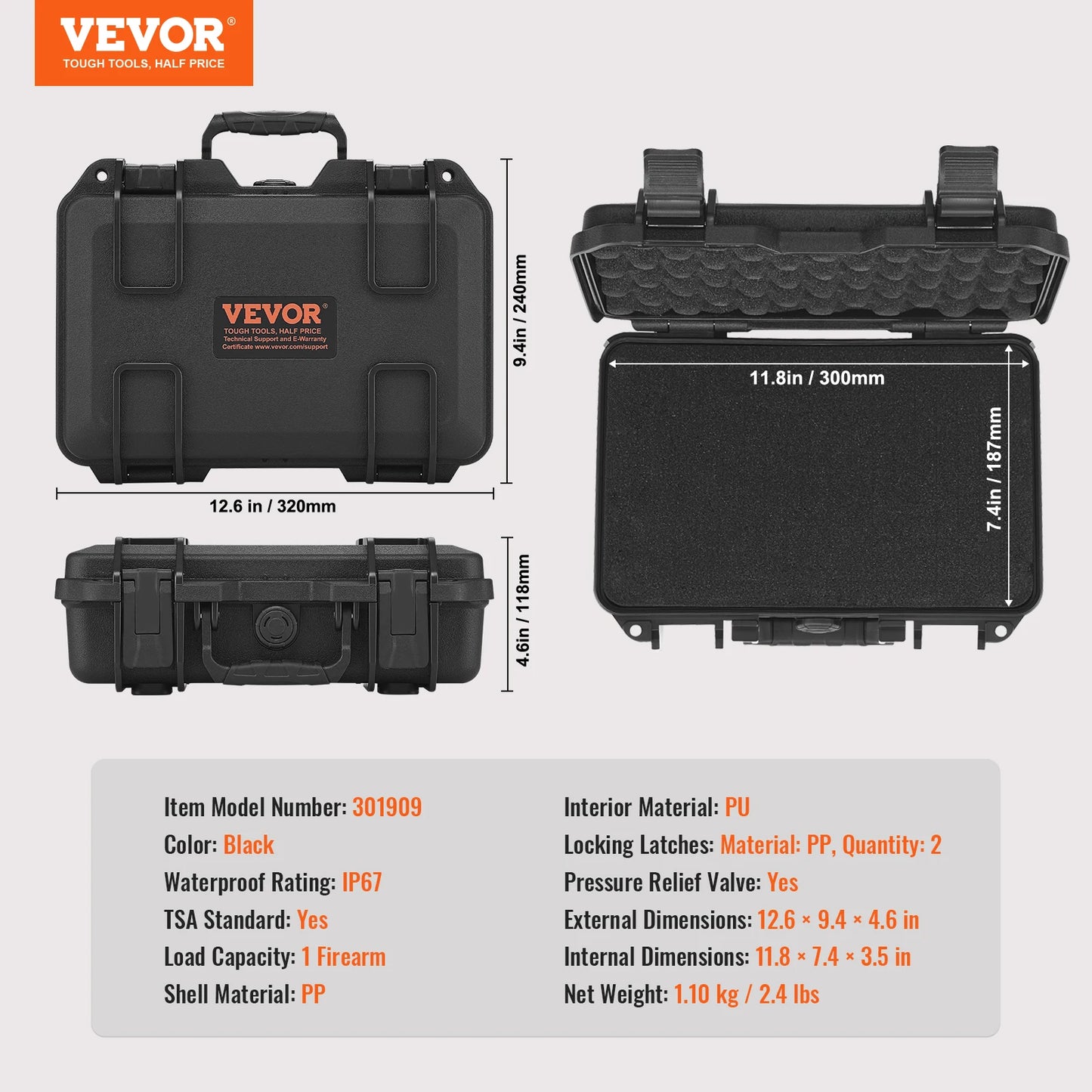 VEVOR Hard Pistol Case — Waterproof Dustproof Lockable Gun Case with Pre-Cut PU Foam for 1/2/5/6 Pistols