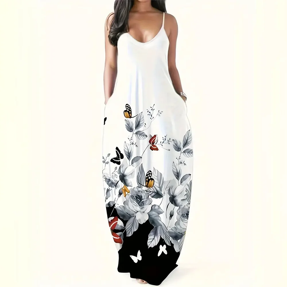 Women’s Summer 3D Butterfly Print Dress – Black & White Sleeveless Spaghetti Strap Loose Long Vest Dress, Plus Size Vintage Style