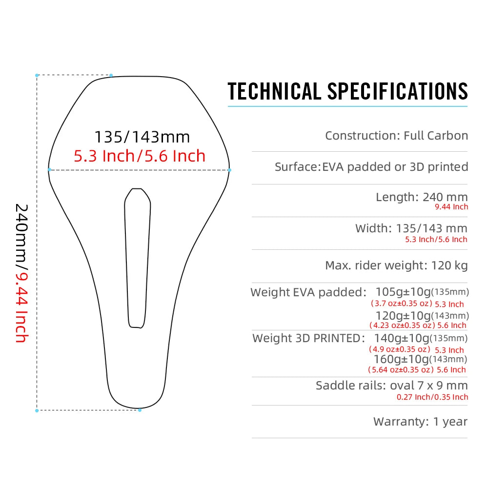 RYET 3D Printed Carbon Bike Saddle — Ultralight 135/143mm MTB & Gravel Road Seat, 105g Cycling Parts