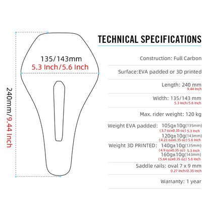 RYET 3D Printed Carbon Bike Saddle — Ultralight 135/143mm MTB & Gravel Road Seat, 105g Cycling Parts