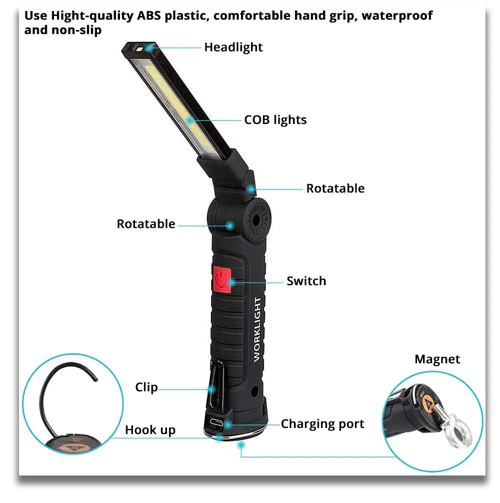 Rechargeable Camping LED Flashlight Work Light: IP64 Waterproof with Magnet and Hook - 5 Lighting Modes for Night Work