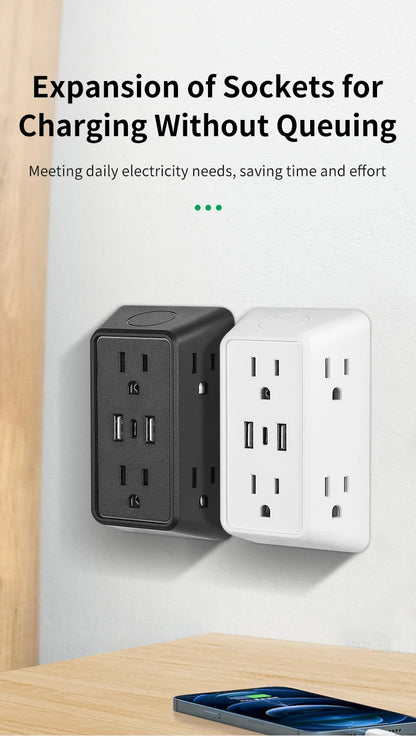 9-in-1 Power Strip – 2 USB Sockets, 1 Type-C Socket, 6 AC Sockets, Compact Wall Plug Power Expander